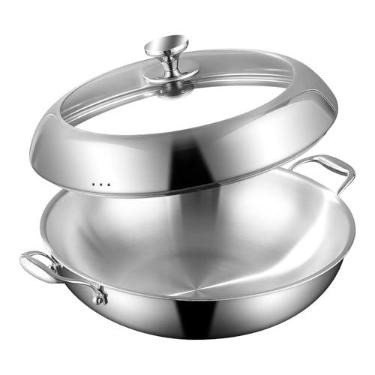 Imagem de DELARLO Frigideira wok de aço inoxidável tripla com tampa de 35,5 cm, frigideira de indução de fundo plano saudável não tóxica, frigideira para fogão de vidro de até 315 °C