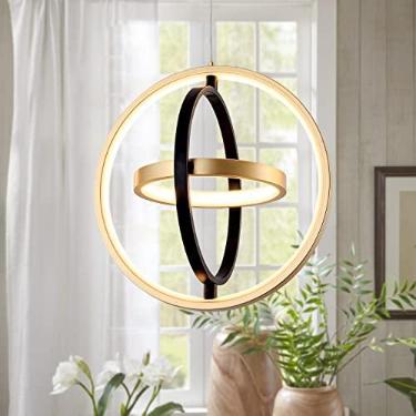Imagem de DotoKotl Lustre de LED moderno lustre criativo DIY lustre de pendurar ajustável anel redondo 3 anéis 3000 K luminária branca quente para sala de jantar, quarto, cozinha, hall de ilha, ouro preto (D = 30 cm)