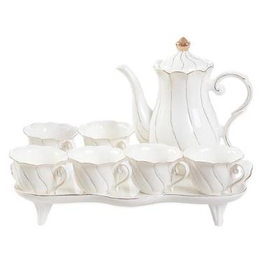 Imagem de DUJUST Conjunto de 6 peças de chá com bandeja de chá e colheres, conjunto de luxo de xícaras de chá/café estilo britânico com acabamento dourado, lindo conjunto de chá de porcelana para decoração de sala de estar, conjunto de chá de festa, pacote de presente - branco
