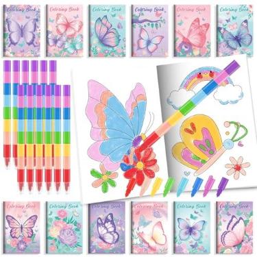 Imagem de BenLouis 24 mini livros de colorir de borboletas com 24 giz de cera empilháveis com tema de borboleta, lembrancinhas de festa, livros de atividades a granel para crianças, primavera, fada, aniversário