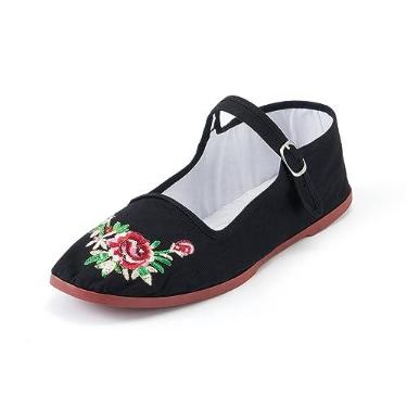 Imagem de SAEEKO Sapatilhas femininas clássicas chinesas, sapatos casuais de boneca chinesa, algodão Mary Janes, sapatos chineses de tai chi, Flor preta, 40