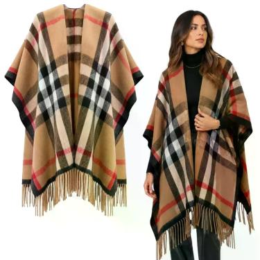 Imagem de Poncho Xadrez Unissex Premium: Capa De Inverno Elegante Com Franjas (1