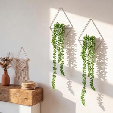 Imagem de Canlierr 2 peças de decoração de parede com plantas artificiais, vaso suspenso de metal, suporte de plantas internas, arte moderna de parede boho para banheiro, quarto, sala de estar, prata