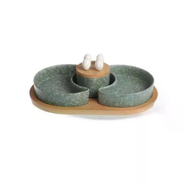 Imagem de Conjunto de Petisqueiras Verde Granito 8 Peças em Porcelana e Bambu com Espetos para Servir Petiscos BTC Decor