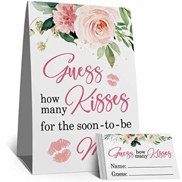 Imagem de Placa de jogo How Many Kisses Bridal Shower Game Sign, Pink Floral, Quantos Beijos para o Jogo Sra. Bridal Shower (1 sinal + 50 cartas)