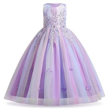 Imagem de OBEEII Vestido longo para meninas de 5 a 14 anos, bordado com aplique formal, baile, casamento, florista, vestido maxi, multicor, 7-8 Anos