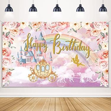 Imagem de Tatuo Faixa de feliz aniversário, decoração de aniversário de princesa, rosa, para mulheres, meninas, tema de princesa, decoração de festa, dourado, rosa, coroa de castelo, fotografia floral