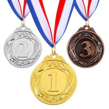 Imagem de Aphumedc Medalhas de 1º 2º 3º lugar, mini medalhas de metal para competições escolares de futebol Pickleball, prêmios de bronze dourado e prata com fita vermelha, branca e azul para crianças