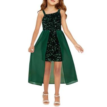 Imagem de Haloumoning Vestido de paetê para meninas, formal, brilhante, um ombro, formatura, festa, 4 a 14 anos, Verde, 10-12 Years