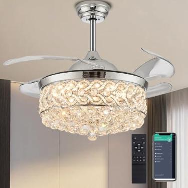 Imagem de DuMaiWay Lustre De Teto Regulável 36" Com Luzes E Controle Remoto, Cristal Retrátil, Lâmina Invisível, Iluminação Led Para Quarto Sala Estar, Cromado, 6 Velocidades