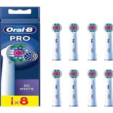 Imagem de Oral-B Cabeça de escova de dentes elétrica branca Pro 3D, cerdas em forma de X e copo de polimento exclusivo para clareamento dental e para remover manchas na superfície, pacote com 8 cabeças de escova de dentes, branco
