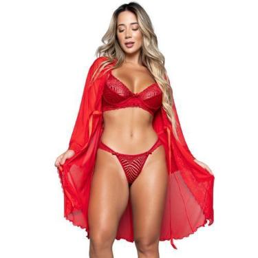 Imagem de Conjunto Lingerie Vekyo Sem bojo e Robe Feminino Sexy em Renda e Tule,