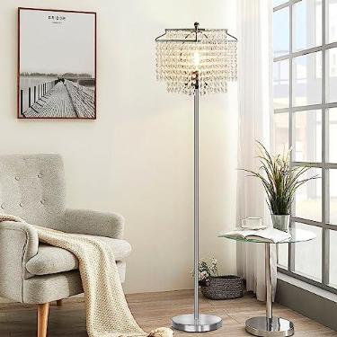 Imagem de Luvkczc Luminária de chão de cristal, lâmpadas de pé modernas de 162 cm de altura com abajur de camada dupla, interruptor de pé liga/desliga, luminária de poste com acabamento prateado para sala de