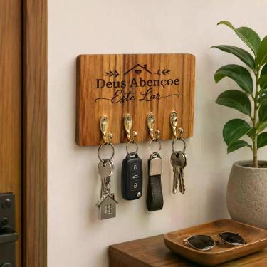 Imagem de Porta Chaves Madeira Maciça Premium 4 Ganchos Organizador Decorativo -