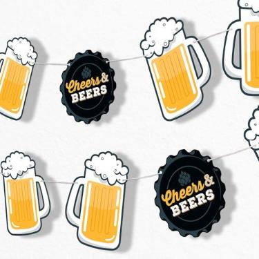 Imagem de Big Dot of Happiness Faixa de guirlanda Cheers and Beers, pano de fundo de decorações de festa de aniversário para adultos, 7 metros de cordão, 15 canecas de cerveja de papel dupla face e formas de