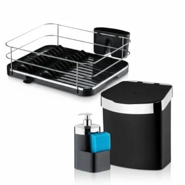 Imagem de Kit 3 Pçs Escorredor De Louças Lixeira 2,5L E Porta Detergente Preto e Cromado