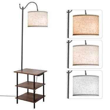 Imagem de EOEYYOYB Luminária de chão com prateleiras de 3 camadas, luminária de mesa com porta de carregamento USB, luz de leitura de mesa lateral com lâmpada LED de 3 temperaturas de cores incluídas, lâmpadas