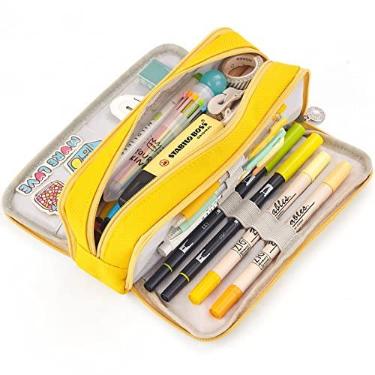 Imagem de Estojo para lápis de grande capacidade CICICIMELON com 3 compartimentos, bolsa para caneta para escola, adolescentes, meninos e mulheres (amarelo)