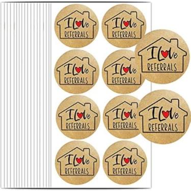 Imagem de Adesivo em forma de casa I Love Referrals 3,8 cm - Marrom natural Kraft Agentes imobiliários e vendas suprimentos 504 etiquetas redondas adesivas (marrom?