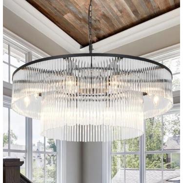 Imagem de Akeelighting Lustres pretos contemporâneos, lustre de vidro para sala de jantar de 2 andares, 10 luzes, lustre redondo para sala de estar, hall de entrada, entrada de teto, luminária pendente suspensa