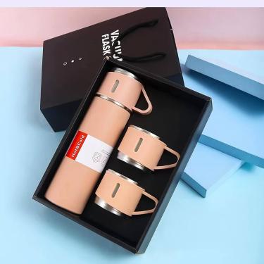 Imagem de Kit Garrafa Térmica com 3 Xícaras Rosa Conjunto para Café e Chá Utilid