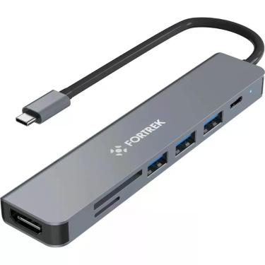 Imagem de Hub USB-C DC75 com 7 Portas e Saída HDMI 4K, Construção em Alumínio Prata, Preto Fortrek