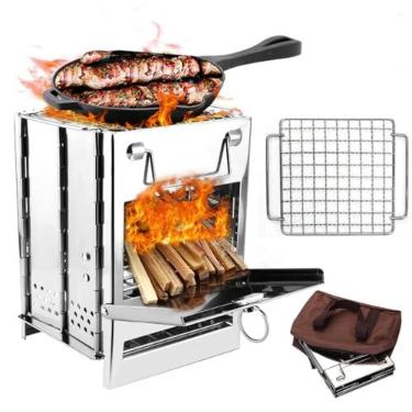Imagem de Fogão de acampamento a lenha com churrasqueira, fogão dobrável de sobrevivência para mochila de aço inoxidável para cozinhar ao ar livre, piquenique, caminhadas, churrasco (prata-pequeno)