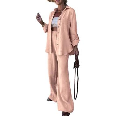 Imagem de Conjunto de Roupa Feminina de Manga Comprida, Conjunto de Duas Peças Com Botões e Cintura Elástica, Cor Lisa para o Dia a Dia para Mulheres (M)