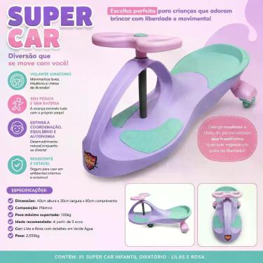 Imagem de Carrinho de Rolimã Infantil Super Car Giratório sem Pedais e sem Bateria Lilás e Rosa com Detalhes em Verde Água