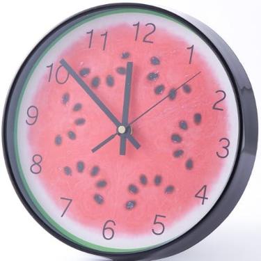Imagem de Xylarnoveth Reloj de pared para cocina con frutas – Relógio de parede de cozinha de melancia, relógio silencioso de 25 cm para sala de jantar em casa, design frutado com moldura preta para decoração