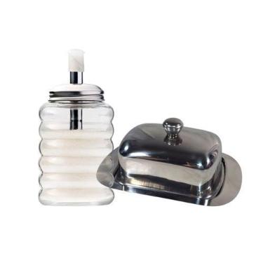 Imagem de Conjunto Açucareiro De Vidro Bico Dosador + Manteigueira Inox Resisten