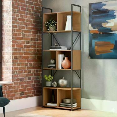 Imagem de Estante Estilo Industrial Metal e Madeira Organizador 202x72cm Canela Preto Fosco 3 Nichos Kappesberg