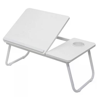 Imagem de Suporte Para Notebook Mesa Dobrável Em Madeira Branca Com Altura Ajustável E Porta Copo – Conforto Para Cama E Sofá