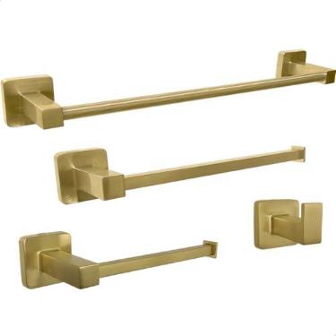 Imagem de Dona D Cor, Kit Acessórios Banheiro Dourado Escovado Inox 304 Conjunto 4 Peças Acabamento Quadrado Jogo Lavabo Luxo Porta Toalha 40cm Metal Gold