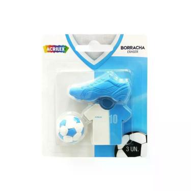 Imagem de Borracha Acrilex Borracha Futebol C 3 Unidades Apaga sem Danificar o Papel Formato Bola para Estudantes Branco e Azul
