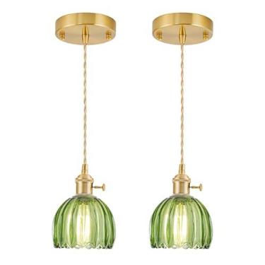 Imagem de Pacote com 2 mini luzes pendentes Kitchen Island, luminária pequena ajustável com abajur de vidro tulipa verde, iluminação pendente dourada vintage, luminária pendente para quarto, sala de jantar