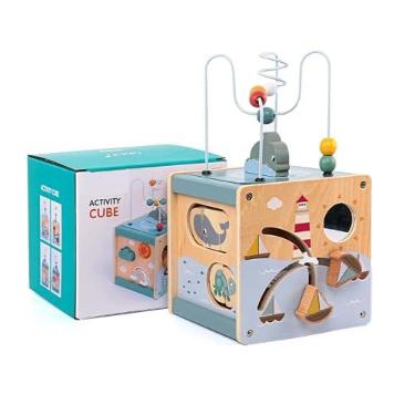 Imagem de Cubo de Atividades Infantil em Madeira, Brinquedo Educativo 5 em 1 com Labirinto de Contas, Quebra-Cabeça Marinho, Classificador de Formas, 18x17x16cm, para Crianças 1-3 Anos