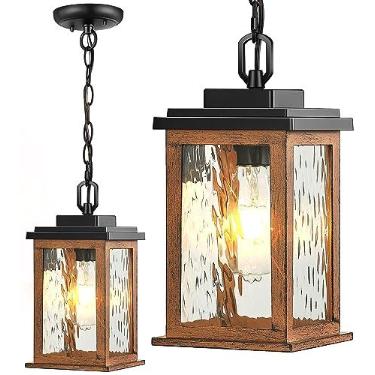 Imagem de VIANIS Luminárias pendentes ao ar livre, lanterna externa de grão de madeira, luzes de teto externas para varanda à prova d'água, luzes de teto de alumínio para varanda com vidro ondulado de água