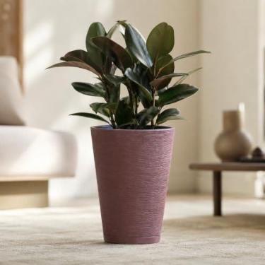 Imagem de Vaso de Planta e Flores Decoração Coluna Cone 39x29 Textura Grafiato Sala Jardim com Prato em Polietileno (Marrom)