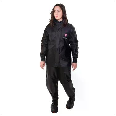 Imagem de Conjunto Capa de Chuva Feminino Tamanho G Preto Impermeável Motoqueiro