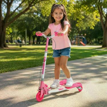Imagem de Patinete Infantil Dobrável com Sistema Abre e Fecha Rodas com LED e Guidão Ajustável Rosa