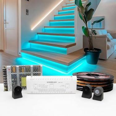Imagem de KOMIGAN Kit de iluminação de escada LED acionado por movimento inteligente KMG-3233, fita de luz de LED cortável de 101,6 cm para luzes de escada LED internas (cor verde marte, 16 escadas)