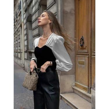 Imagem de Blusa feminina de veludo preto e cetim branco - blusa formal com gola quadrada e manga bufante, Preto, Large