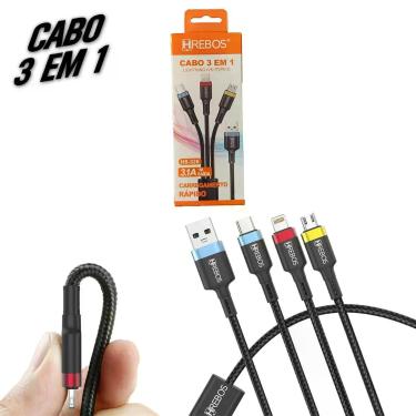 Imagem de Cabo Para Carregador De Celular Smartphone Tablet 3 Conectores em 1 V8