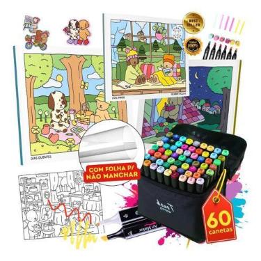 Imagem de Kit Livro de Colorir 60 Cores Canetinha Touch Ponta Dupla Marcador, AZ