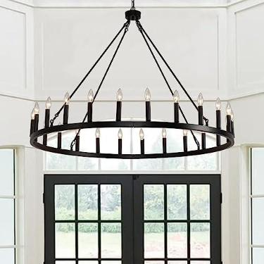 Imagem de Lustre rústico de roda de carroça de fazenda 48 polegadas 24 luzes lustre industrial redondo preto vela para tetos altos sala de estar