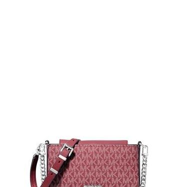 Imagem de Michael Kors Bryant Bolsa transversal conversível pequena, ferragem prateada/tonal MK Signature Coated Twill/Oxblood