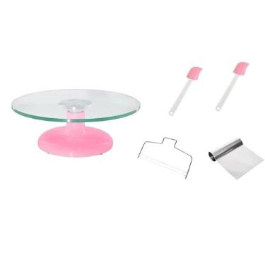 Imagem de Bailarina Giratória Rosa De Vidro + 2 Espátulas PVC + Espátula Tubular + Nivelador de Bolos