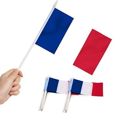 Imagem de Bandeira da França,Anley Mini bandeira HandHeld francesa de 5.5x8.5.5 polegadas com pólo sólido branco de 12 "- cor vívida e resistente ao desbotamento - bandeiras de vara de 5.5 x 8 polegadas à mão