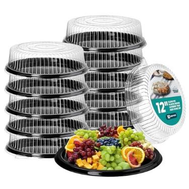 Imagem de HOUZZKINGZ USA Bandejas De 12" Para Buffet Com Tampas [Pacote 10], Bandeja Preta Servir Tampa Transparente, E Travessas Redondas Descartáveis Plástico Festas, Recipientes Pudim Tampas, Biscoitos San